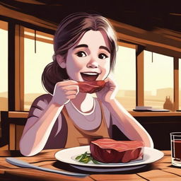 This is a high-quality digital art image depicting a girl enjoying a hearty meal of meat