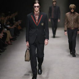 Design visually striking attire with a grim, dark aesthetic, constructed with the high-end craftsmanship and quality associated with the Gucci brand.