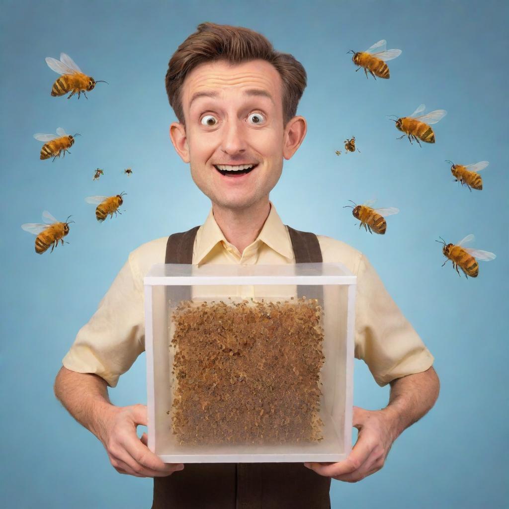 A cartoon-style man with a cunning expression, holding a transparent box teeming with bees.