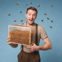 A cartoon-style man with a cunning expression, holding a transparent box teeming with bees.