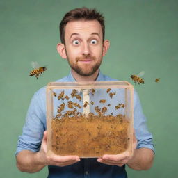 A cartoon-style man with a cunning expression, holding a transparent box teeming with bees.