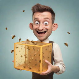 A cartoon-style man with a cunning expression, holding a transparent box teeming with bees.