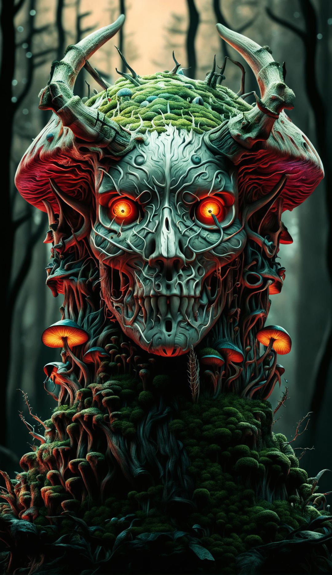 Double exposure portrait of a skull-mushroom hybrid with mossy scales, bright eyes, sharp fangs, and large horns in a dark forest setting with cinematic lighting.