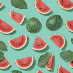 A pattern of watermelons with leaves on a mint green background