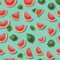 A pattern of watermelons with leaves on a mint green background