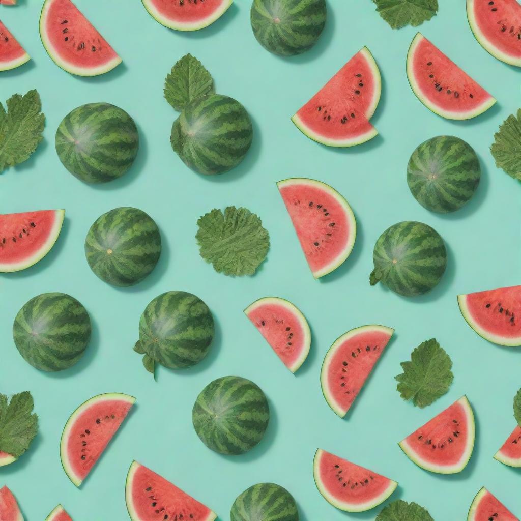 A pattern of watermelons with leaves on a mint green background