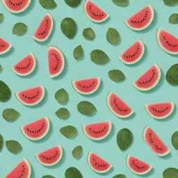 A pattern of watermelons with leaves on a mint green background