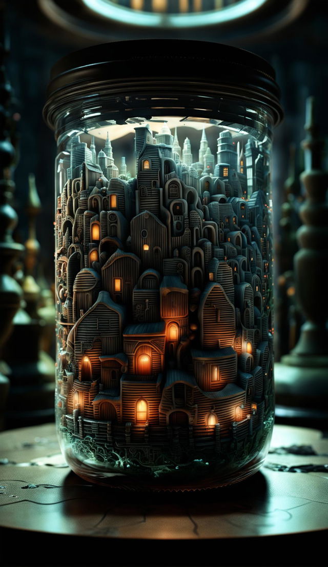 An entire city, intricately detailed and carved, contained within a transparent jar on a table. The scene is bathed in cinematic lighting, creating an eerie and mysterious mood. Rendered in photorealistic 8K resolution in the style of Moebius.