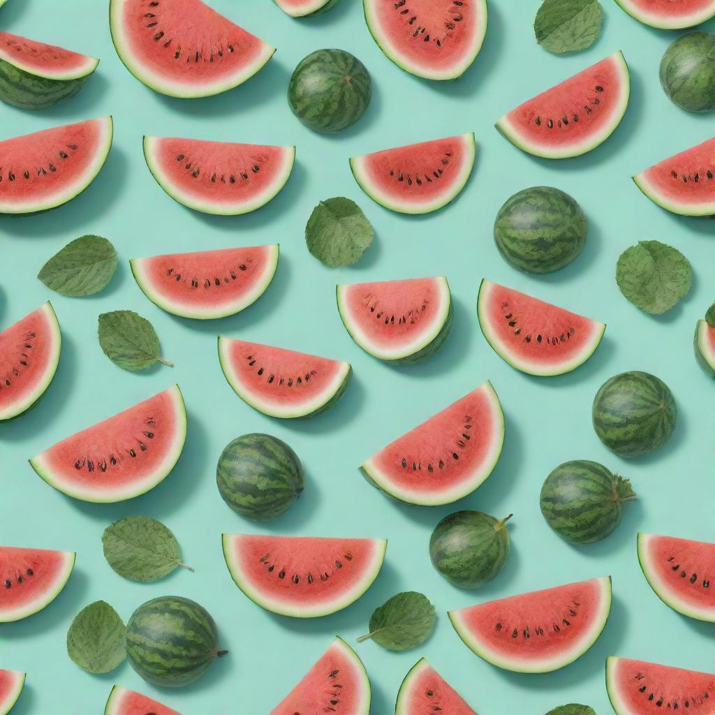 A highly detailed pattern of watermelons with leaves on a mint green background