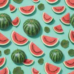 A highly detailed pattern of watermelons with leaves on a mint green background