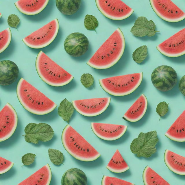 A highly detailed pattern of watermelons with leaves on a mint green background