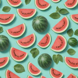 A highly detailed pattern of watermelons with leaves on a mint green background