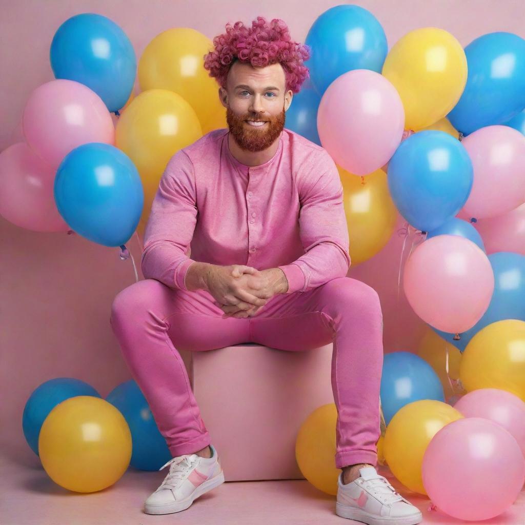 Create a hyperrealistic full shot involving a muscular, freckle-faced 30-year-old man with magenta curly pompadour hair, a magenta Garibaldi beard, and blue eyes. He's wearing pink pants and sneakers and riding a pink pony with curly hair, surrounded by yellow and blue balloons.