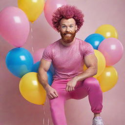 Create a hyperrealistic full shot involving a muscular, freckle-faced 30-year-old man with magenta curly pompadour hair, a magenta Garibaldi beard, and blue eyes. He's wearing pink pants and sneakers and riding a pink pony with curly hair, surrounded by yellow and blue balloons.