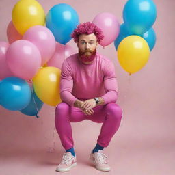 Create a hyperrealistic full shot involving a muscular, freckle-faced 30-year-old man with magenta curly pompadour hair, a magenta Garibaldi beard, and blue eyes. He's wearing pink pants and sneakers and riding a pink pony with curly hair, surrounded by yellow and blue balloons.