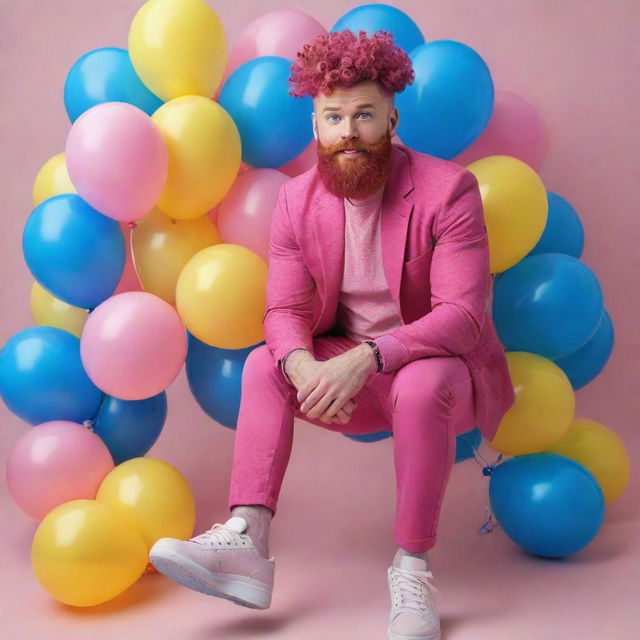 Create a hyperrealistic full shot involving a muscular, freckle-faced 30-year-old man with magenta curly pompadour hair, a magenta Garibaldi beard, and blue eyes. He's wearing pink pants and sneakers and riding a pink pony with curly hair, surrounded by yellow and blue balloons.