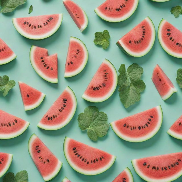 A highly detailed pattern of sliced watermelons with leaves on a mint green background