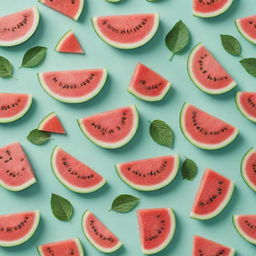 A highly detailed pattern of sliced watermelons with leaves on a mint green background