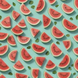 A highly detailed pattern of sliced watermelons with leaves on a mint green background