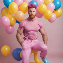 Hyperrealistic image of a muscular man with natural freckles, magenta curly pompadour hair, a Garibaldi beard, and blue eyes. He appears to be 30 years old and is dressed in pink pants and sneakers, riding a pink pony with curly hair and surrounded by yellow and blue balloons.