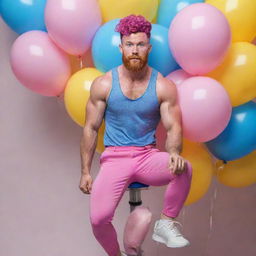 Hyperrealistic image of a muscular man with natural freckles, magenta curly pompadour hair, a Garibaldi beard, and blue eyes. He appears to be 30 years old and is dressed in pink pants and sneakers, riding a pink pony with curly hair and surrounded by yellow and blue balloons.