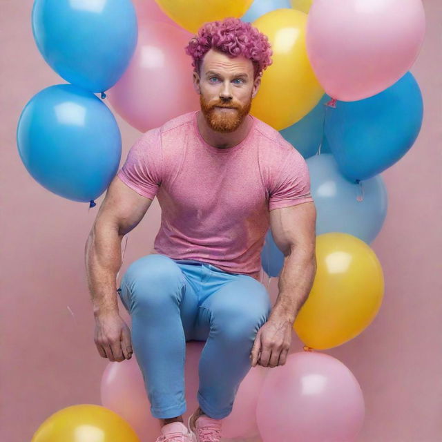 Hyperrealistic image of a muscular man with natural freckles, magenta curly pompadour hair, a Garibaldi beard, and blue eyes. He appears to be 30 years old and is dressed in pink pants and sneakers, riding a pink pony with curly hair and surrounded by yellow and blue balloons.