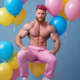 Hyperrealistic image of a muscular man with natural freckles, magenta curly pompadour hair, a Garibaldi beard, and blue eyes. He appears to be 30 years old and is dressed in pink pants and sneakers, riding a pink pony with curly hair and surrounded by yellow and blue balloons.