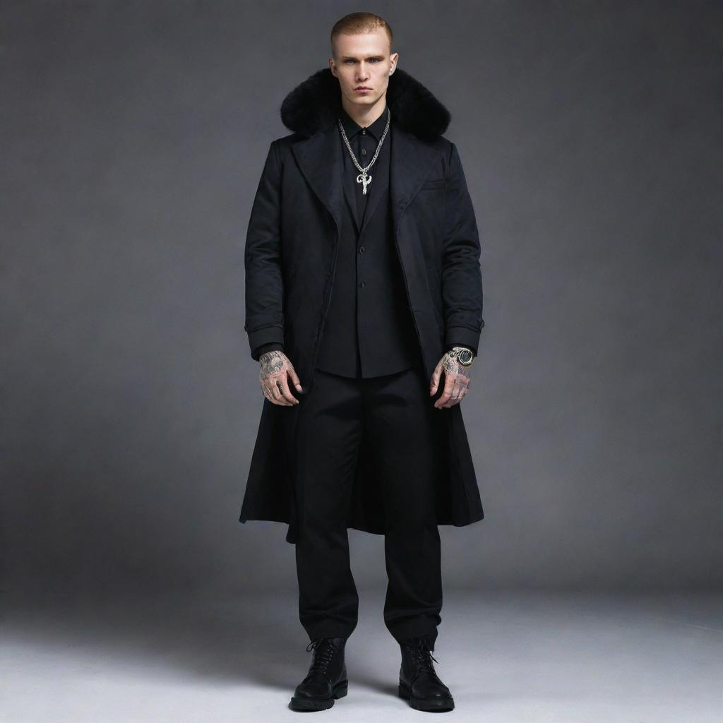 Design a 'Grim' branded outfit with bold, intimidating features and a dark aesthetic, reflective of the stereotypical image of a Russian gangster. The outfit should exude a sense of lavishness and exclusivity.