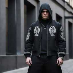 Design a 'Grim' branded outfit with bold, intimidating features and a dark aesthetic, reflective of the stereotypical image of a Russian gangster. The outfit should exude a sense of lavishness and exclusivity.