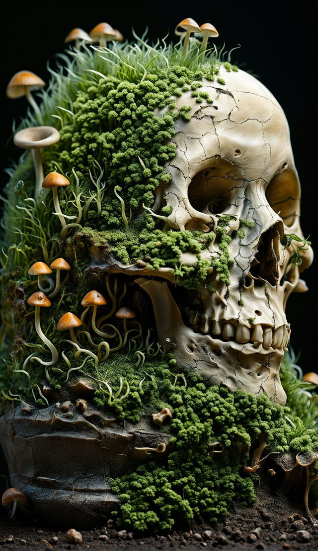 Ultra-detailed, photorealistic image of a human skull lying on its side with moss creeping up and mushrooms growing out of an empty eye socket.