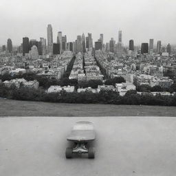 A skateboard prominently located in the foreground with a black and white cityscape as the backdrop