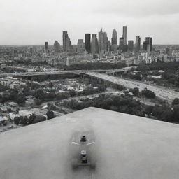 A skateboard prominently located in the foreground with a black and white cityscape as the backdrop