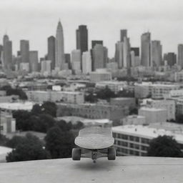 A skateboard prominently located in the foreground with a black and white cityscape as the backdrop