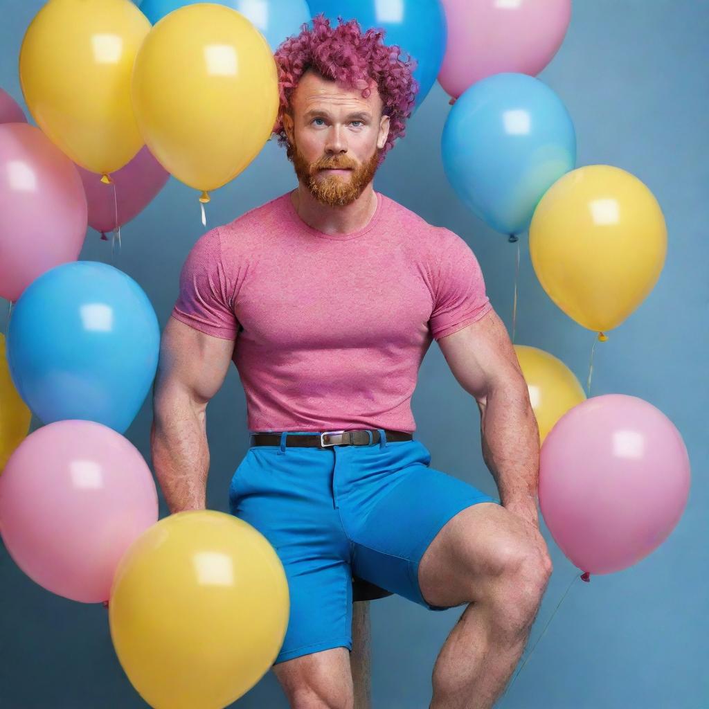 Hyperrealistic image of a muscular man with natural freckles, magenta curly pompadour hair, a Garibaldi beard, in his 30s, with blue eyes. He's wearing pink pants and sneakers, riding a pink pony with curly hair, surrounded by yellow and blue balloons.