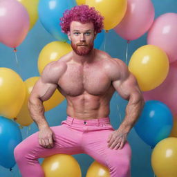 Hyperrealistic image of a muscular man with natural freckles, magenta curly pompadour hair, a Garibaldi beard, in his 30s, with blue eyes. He's wearing pink pants and sneakers, riding a pink pony with curly hair, surrounded by yellow and blue balloons.