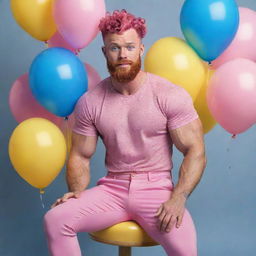 Hyperrealistic image of a muscular man with natural freckles, magenta curly pompadour hair, a Garibaldi beard, in his 30s, with blue eyes. He's wearing pink pants and sneakers, riding a pink pony with curly hair, surrounded by yellow and blue balloons.