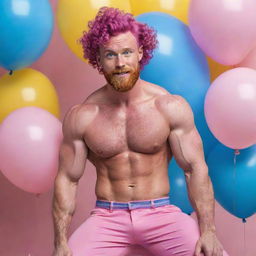 Hyperrealistic image of a muscular man with natural freckles, magenta curly pompadour hair, a Garibaldi beard, in his 30s, with blue eyes. He's wearing pink pants and sneakers, riding a pink pony with curly hair, surrounded by yellow and blue balloons.