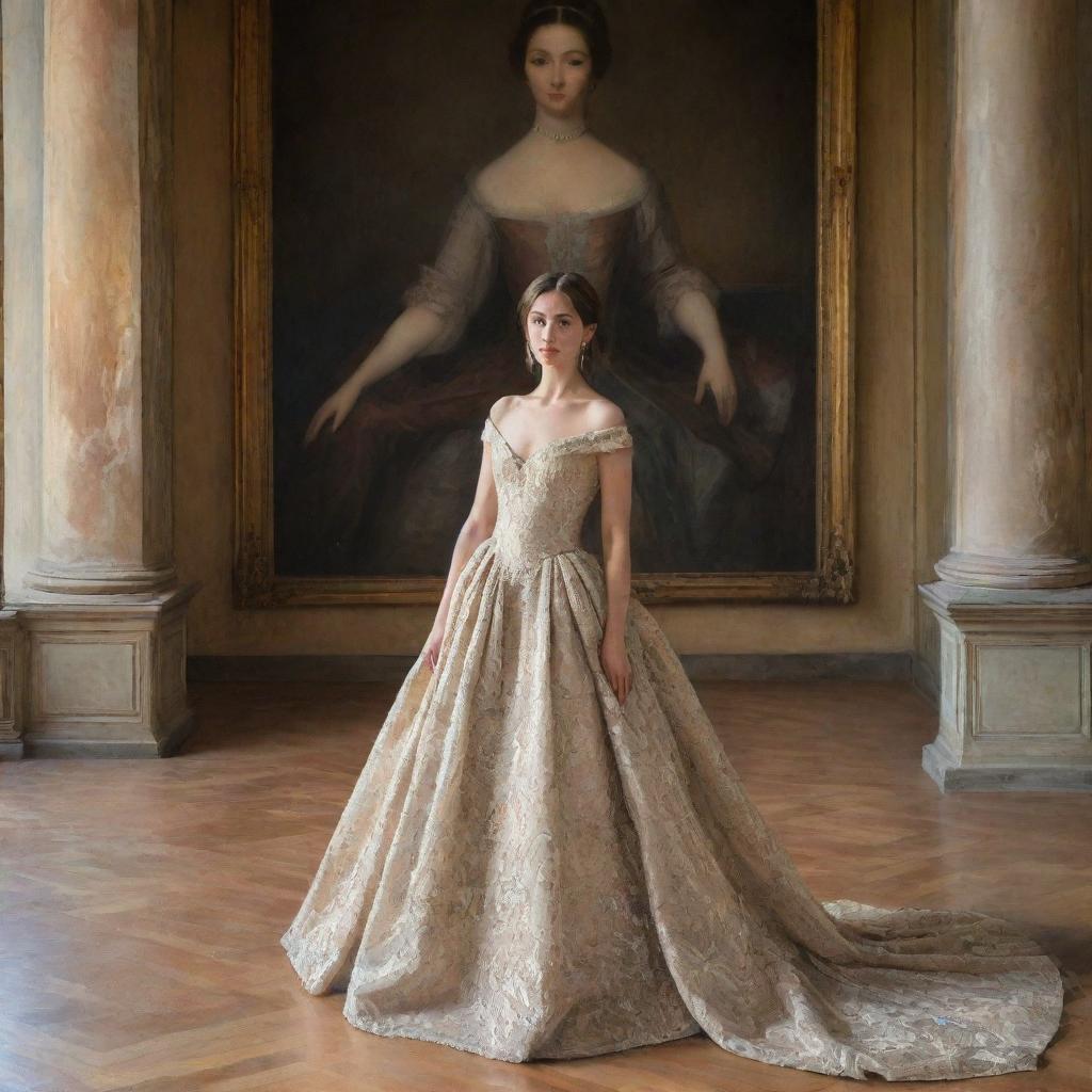 A painting of a girl wearing an elegant and expensive gown inside a palace