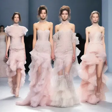 The fashion designer showcased a collection of dresses that were adorned with lace and ruffles, creating a glop aesthetic.