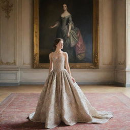 A painting of a girl wearing an elegant and expensive gown inside a palace