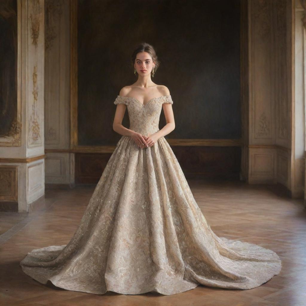 A painting of a girl wearing an elegant and expensive gown inside a palace