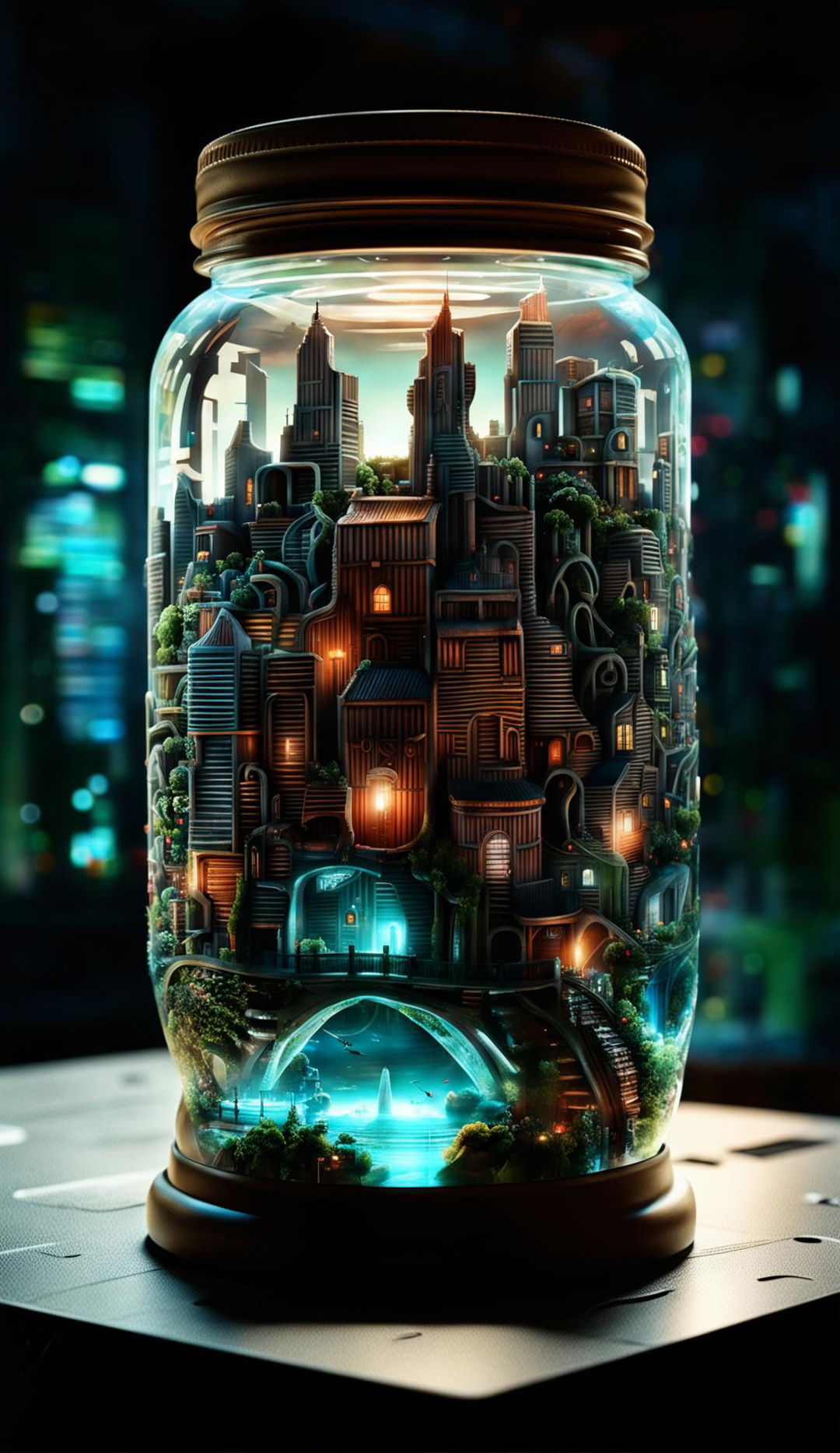 An entire city, intricately detailed and architecturally designed, contained within a transparent jar on a table. The scene is bathed in cinematic lighting, creating an eerie and mysterious mood. Rendered in photorealistic 8K resolution in the style of Moebius.