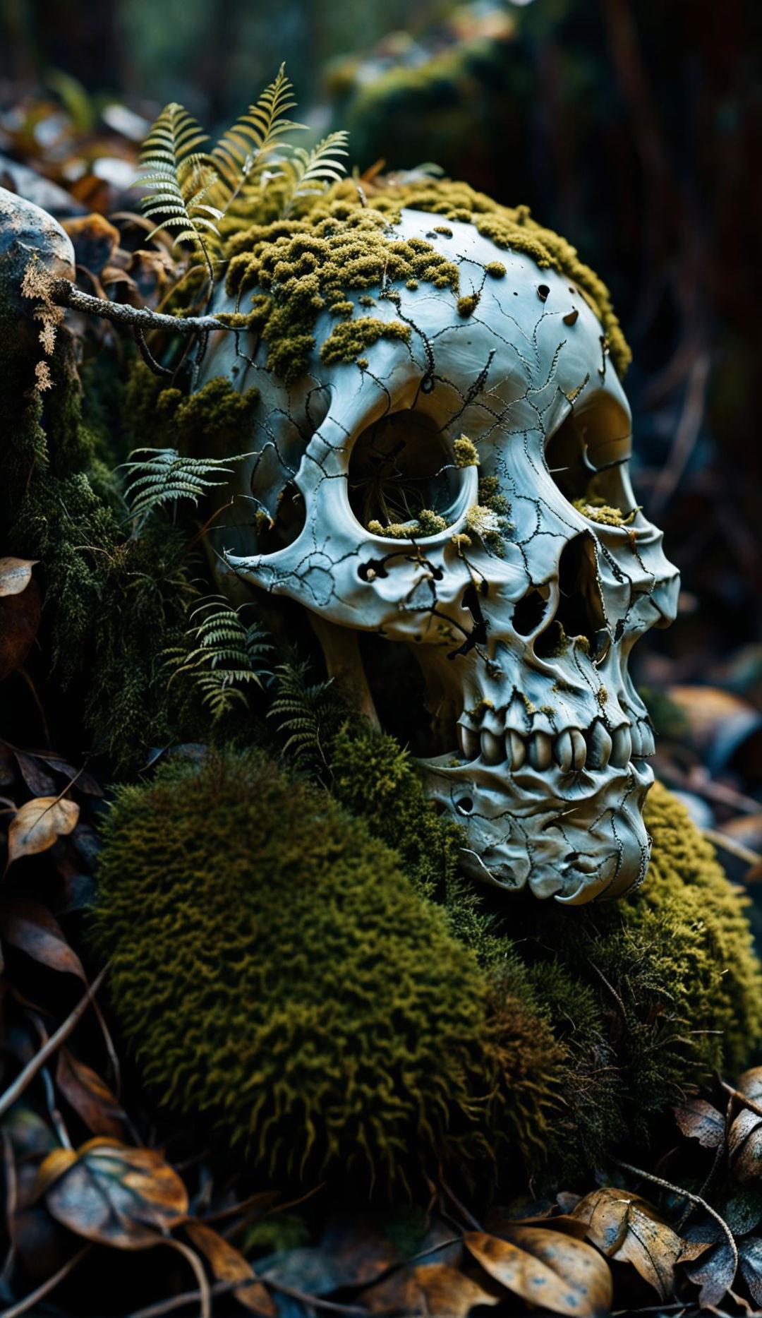 Ultra-detailed, photorealistic image of a human skull without horns, lying horizontally on the forest floor with moss creeping up and mushrooms growing out of an empty eye socket.