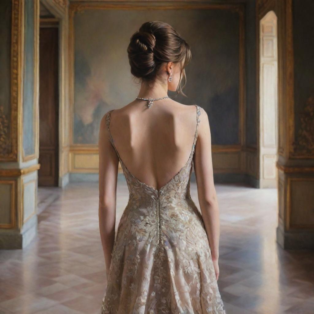 A painting of the back view of a girl wearing an elegant and expensive gown inside a palace