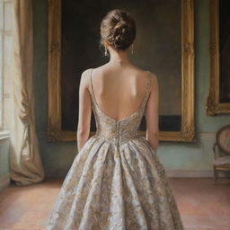 A painting of the back view of a girl wearing an elegant and expensive gown inside a palace