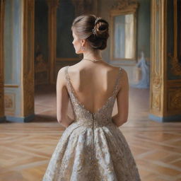 A painting of the back view of a girl wearing an elegant and expensive gown inside a palace