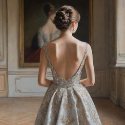 A painting of the back view of a girl wearing an elegant and expensive gown inside a palace