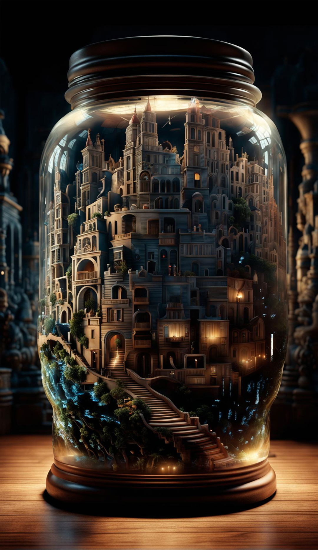 An entire city, intricately detailed and designed with baroque architecture, contained within a transparent jar on a table. The scene is bathed in cinematic lighting, creating an eerie and mysterious mood. Rendered in photorealistic 8K resolution in the style of Moebius.