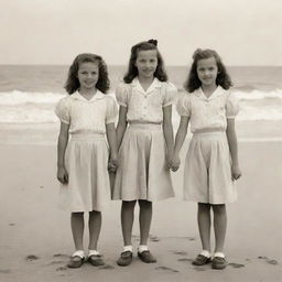 A vintage scene of three 11-year-old girls in 1945 period-appropriate outfits, holding hands and posing for a picture on a sandy beach with the ocean in the background.