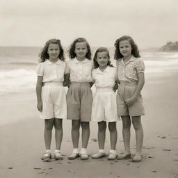 A vintage scene of three 11-year-old girls in 1945 period-appropriate outfits, holding hands and posing for a picture on a sandy beach with the ocean in the background.